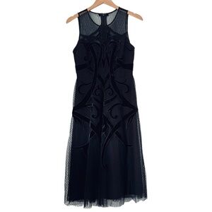 BCBGMAXAZRIA Dress Sz 4 Black Illusion Velvet Appliqué A-Line Midi Wedding Chic